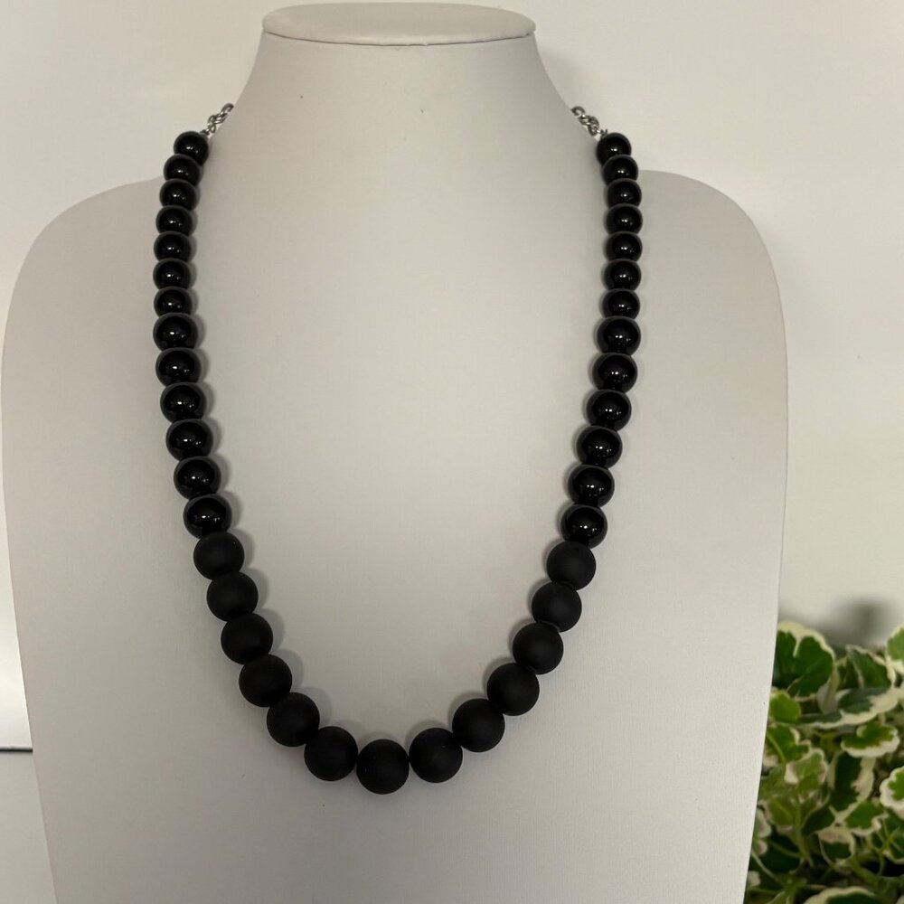 Black Beaded Necklace Matte and Glossy Round Beads Adjustable Chain Clasp
